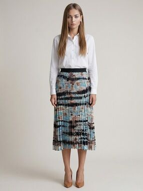 🌻NEW w/tag Tempo Paris Blue Brown and Black Abstract Print Midi Skirt Size S/M